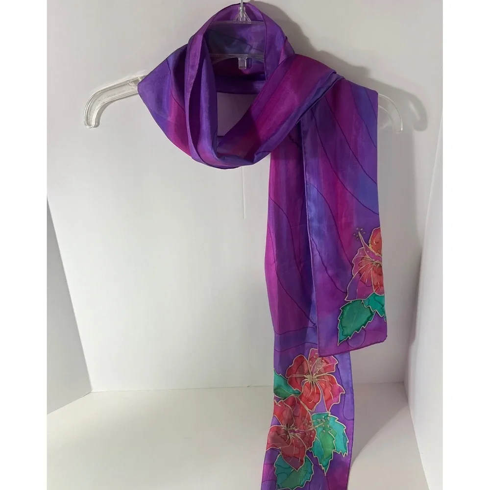 Handpainted Silk Floral Scarf Signed JT Purple Orange Green 8 x 72